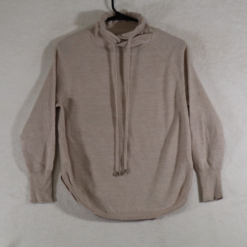 Cynthia Rowley Womens M Merino Wool Cowl Neck Drawstring Sweater Tan Beige